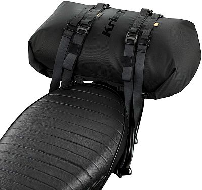 Black Kriega Rollpack waterproof bag, 20L size, featuring durable material, adjustable straps, and a sleek design, mounted securely on a motorcycle seat.