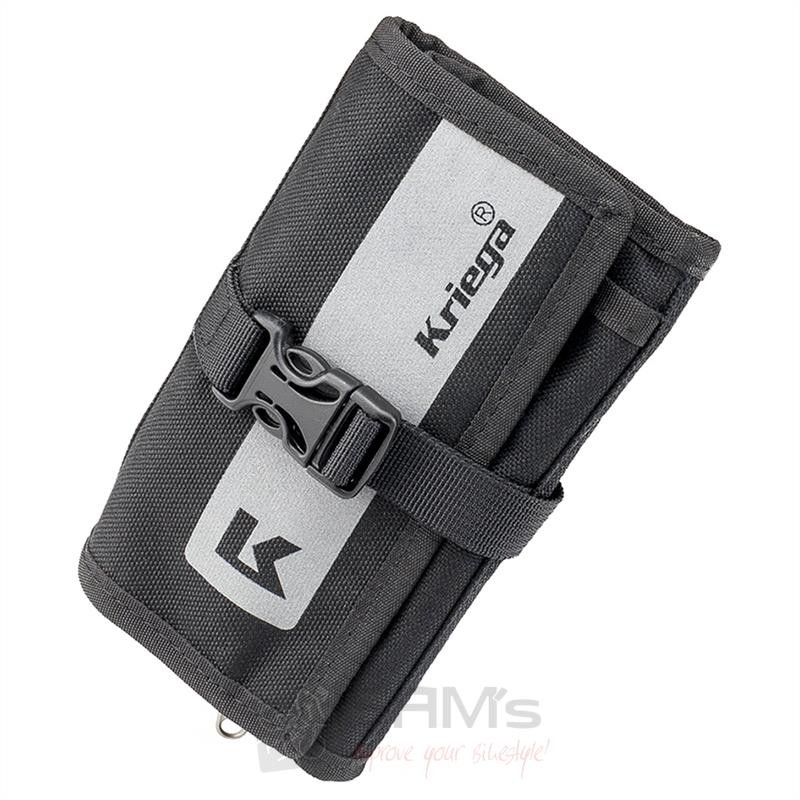 Black and gray Kriega Stash wallet made of durable material, featuring a secure buckle closure and the Kriega logo prominently displayed on the front.