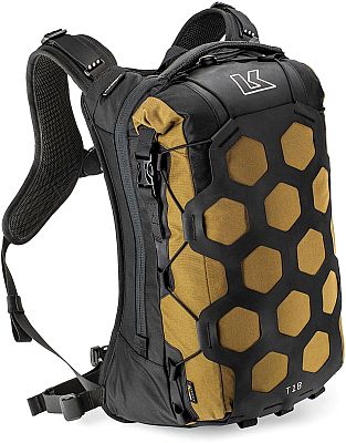 Black and brown Kriega Trail 18 backpack features a hexagonal pattern, padded shoulder straps, and adjustable chest and waist straps, designed for comfort and durability with an 18 L capacity.