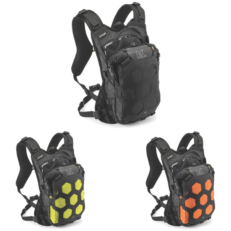 Kriega Trail 9 backpack in black, featuring a waterproof design, hexagonal padding, adjustable straps, and a 9-liter capacity, displayed alongside yellow and orange color options.
