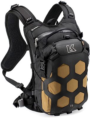 Waterproof Kriega Trail 9 backpack in black and brown, featuring a hexagonal pattern, adjustable straps, and a front zip pocket, with a capacity of 9 liters.