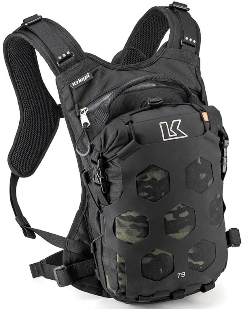 Waterproof Kriega Trail 9 backpack in black, olive, and dark grey, featuring a hexagonal pattern, adjustable straps, and a 9L capacity, ideal for outdoor activities.