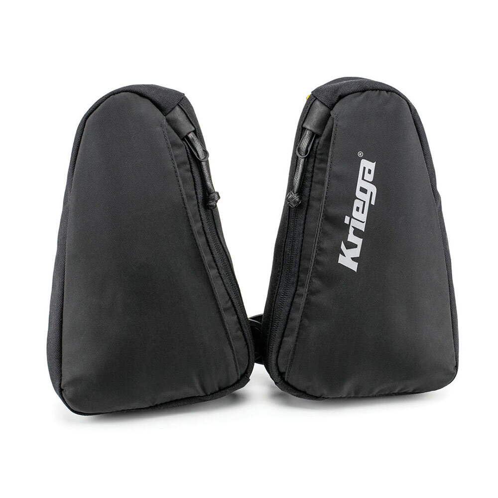 Black Kriega Trail Pockets made of durable material, featuring a sleek design, adjustable straps, and the Kriega logo prominently displayed on one side.