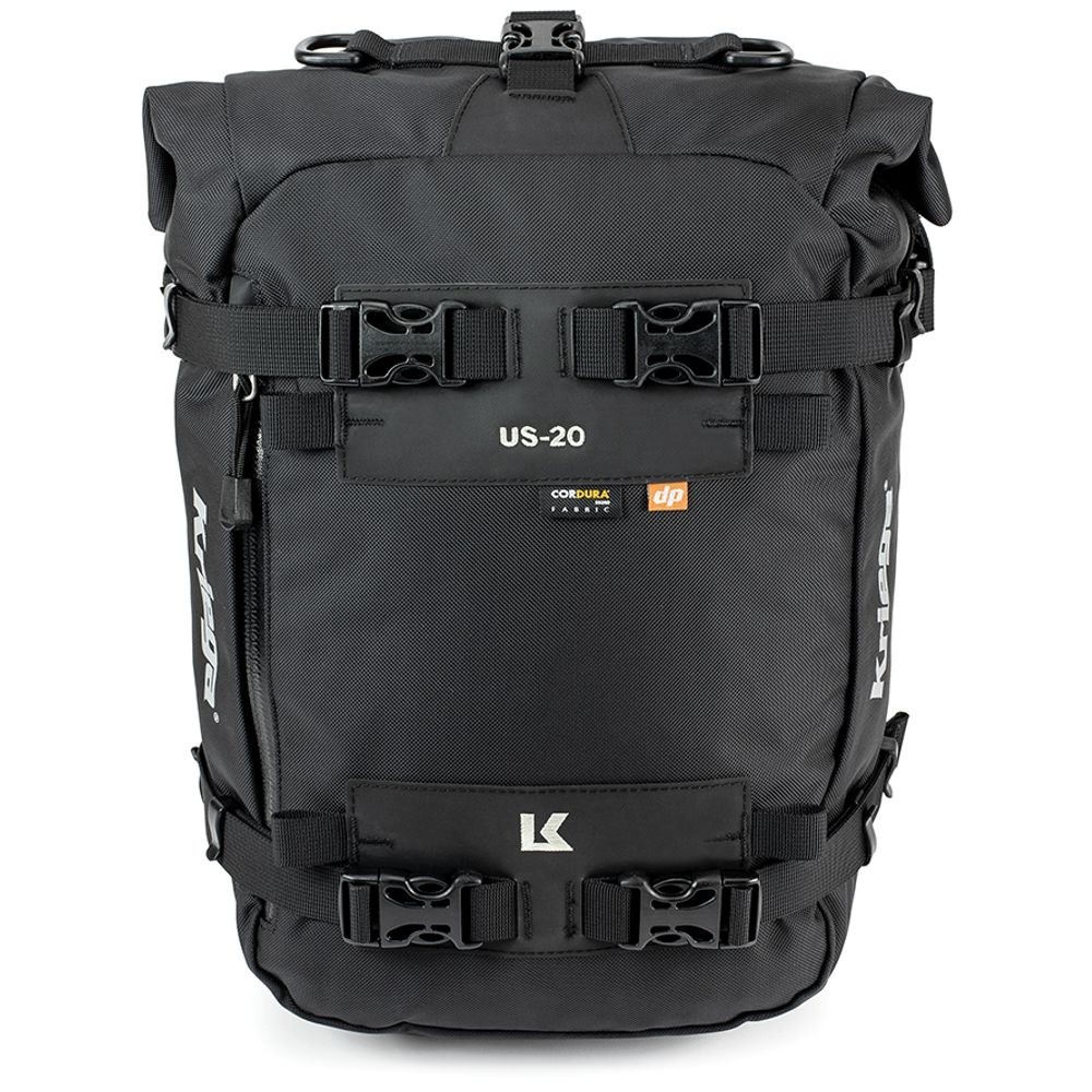 Black Kriega US-20 Drypack, a waterproof rear bag made of durable material, featuring adjustable straps, a roll-top closure, and a 20-liter capacity.