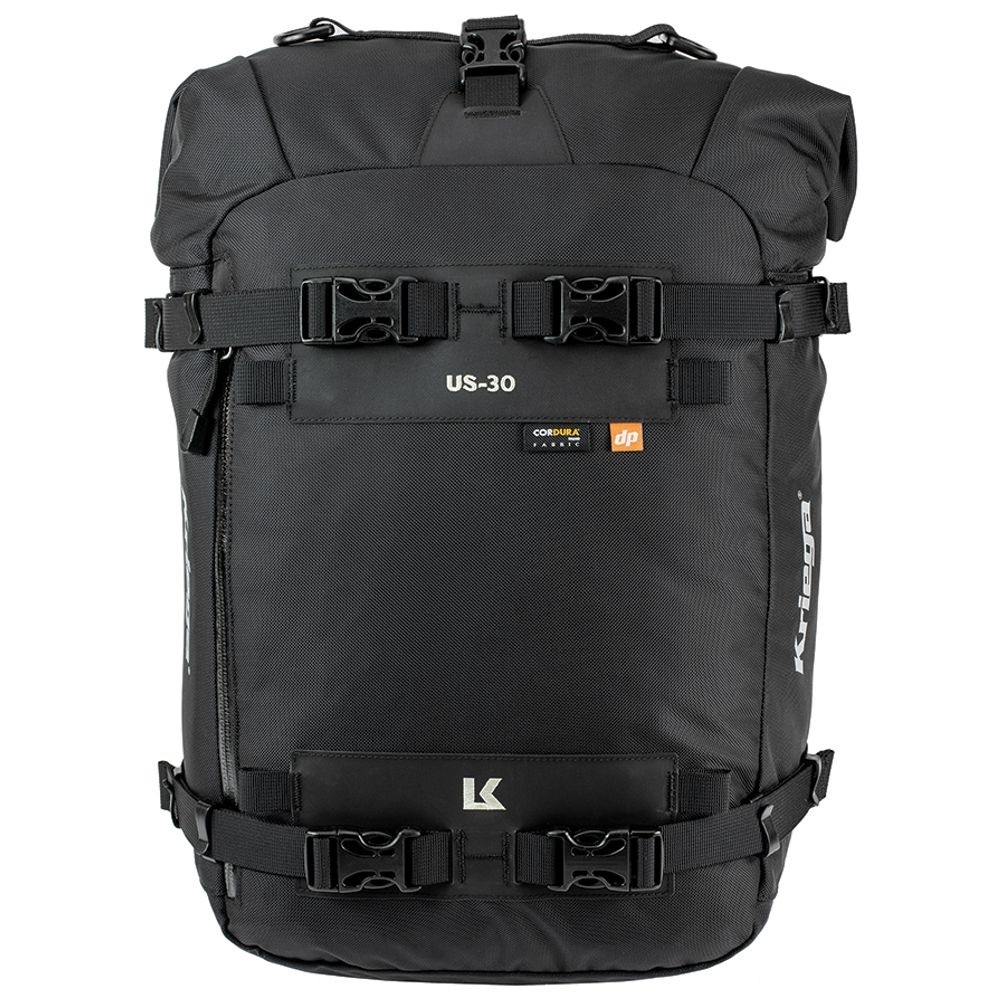 Black waterproof Kriega US-30 Drypack features a roll-top closure, adjustable straps, and durable material, with a 30-liter capacity and logo prominently displayed.