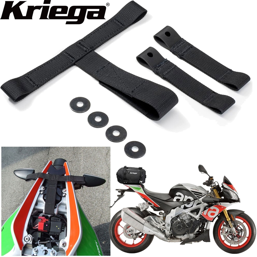 Black mounting straps and rubber washers for the Kriega US-Drypack, designed specifically for the Aprilia Tuono V4, showcasing durable materials and secure attachment features.