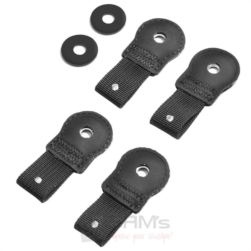 Black nylon mounting straps with metal eyelets and washers, designed for the Kriega US-Drypack, suitable for Ducati Panigale 899/1199 models.