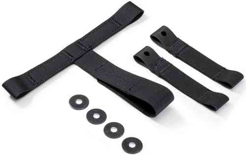 Black nylon mounting kit for Kriega US-Drypack, featuring adjustable straps and rubber washers for secure attachment to Triumph Speed Triple motorcycles.