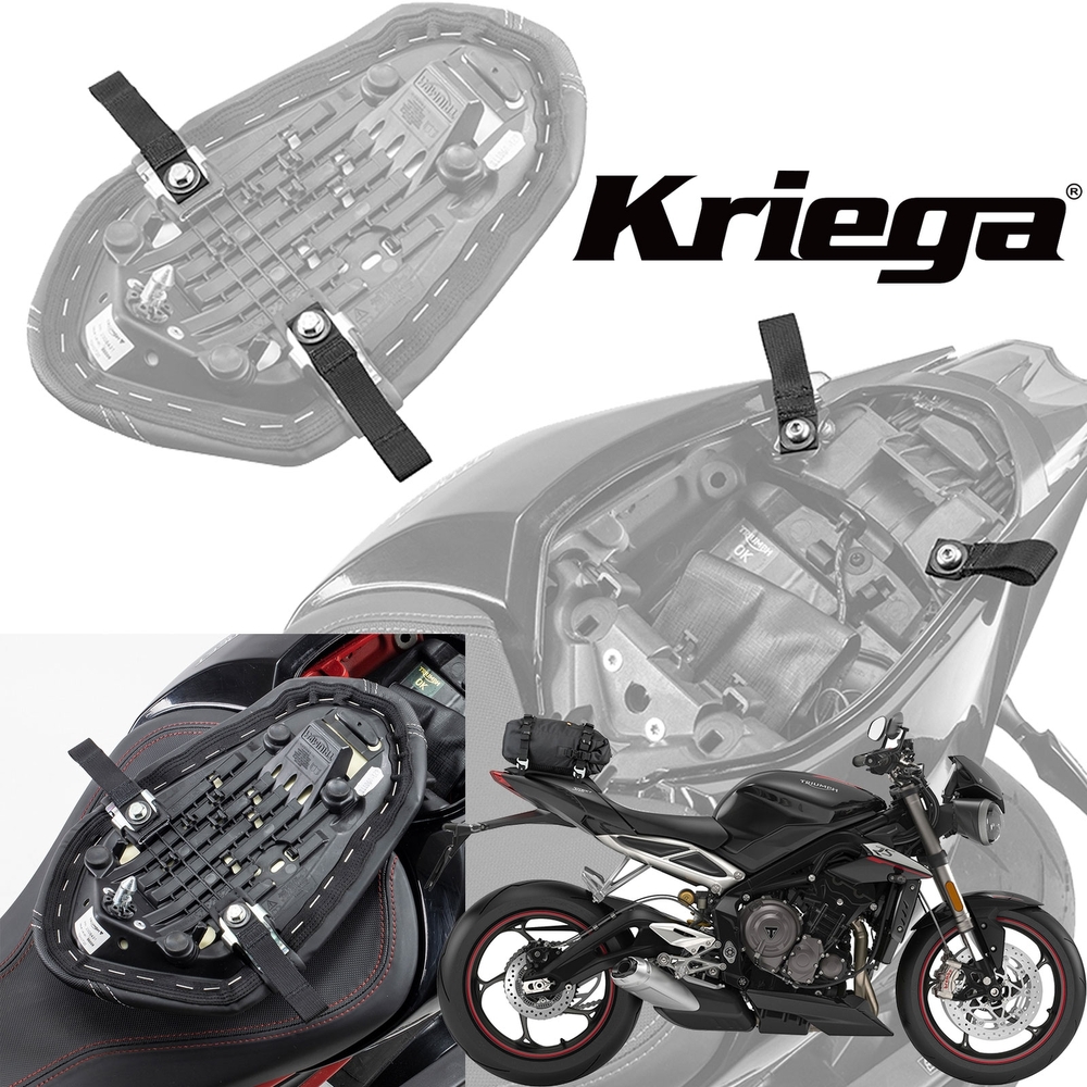 Kriega US-Drypack mounting kit for Triumph Street Triple, featuring a black, durable base with adjustable straps and metal fittings for secure attachment.