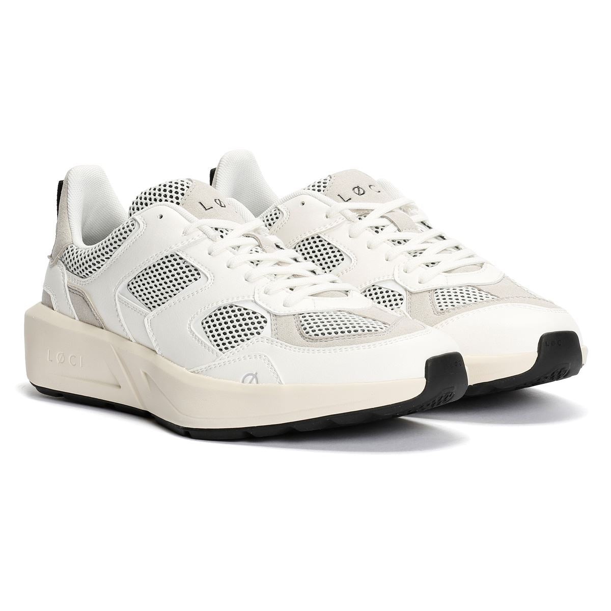 White and grey trainers with a mix of smooth and textured materials, featuring mesh panels, a cushioned sole, and a sleek design by LØCI.