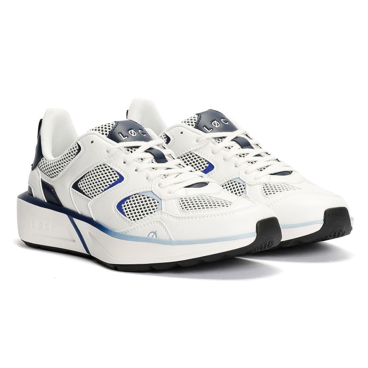 White trainers with navy and blue accents, featuring a mesh upper, cushioned sole, and a sleek design, branded with the LØCI logo on the tongue.