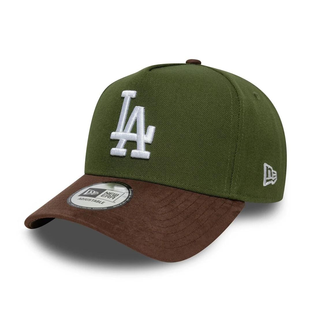Olive green snapback cap featuring a white embroidered "LA" logo, brown suede visor, and a classic New Era logo on the side.