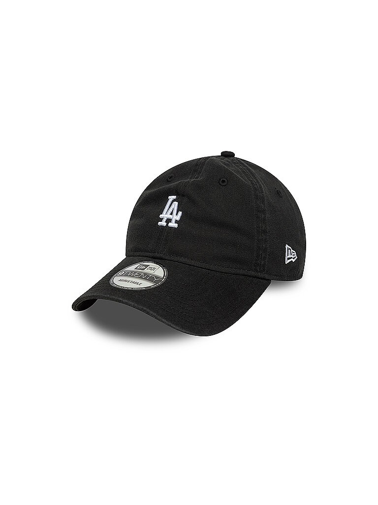 Black Dodgers 9twenty baseball cap featuring a mini white logo on the front, adjustable strap, and curved visor, made from soft cotton material.