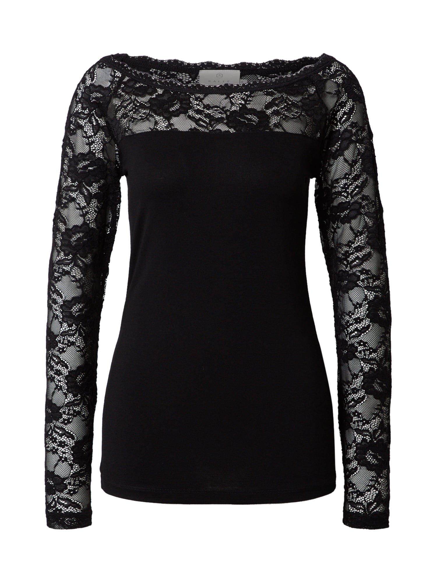 Black boat neck T-shirt for women by Kaffe, featuring long lace sleeves and a fitted bodice, combining elegance with a casual style.