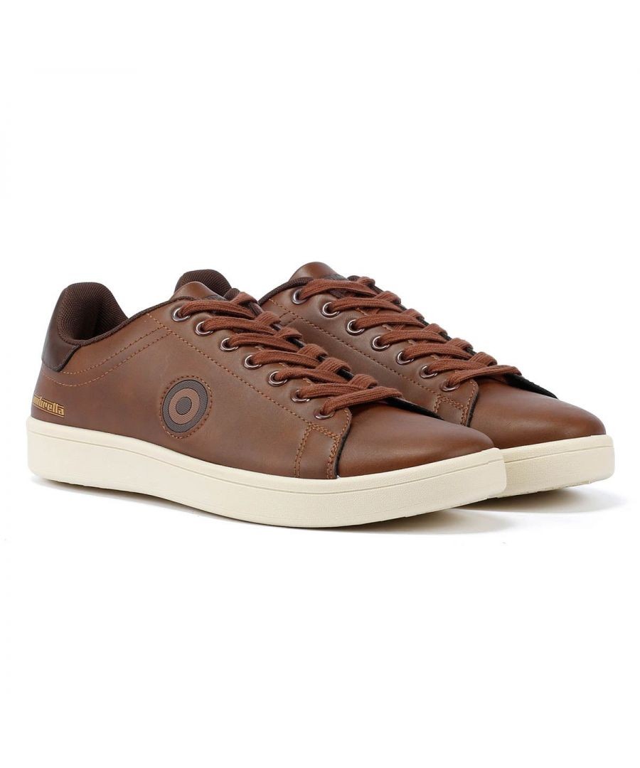 Tan leather trainers with brown laces and a circular logo on the side, featuring a cream rubber sole, designed for men in size UK 6.
