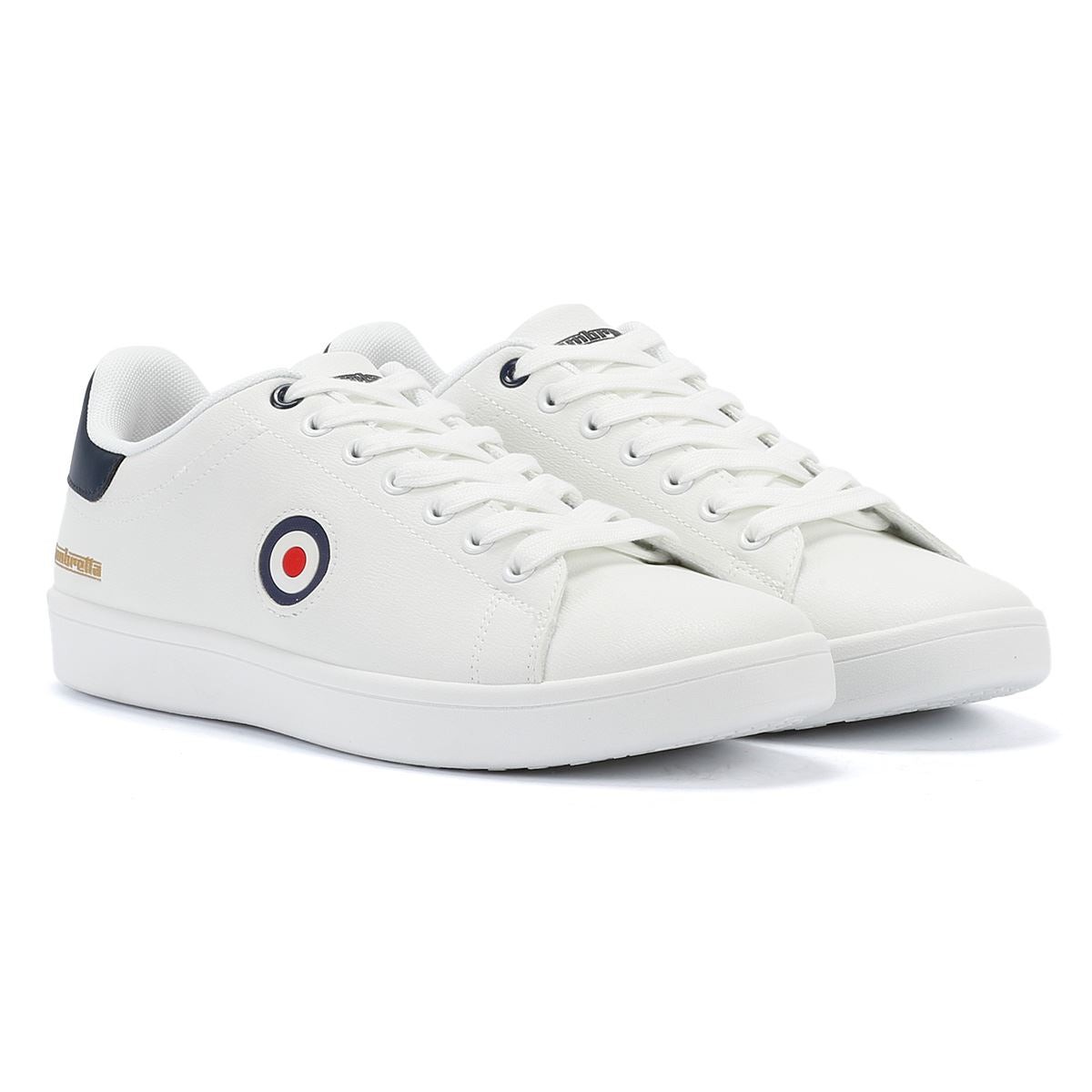 White Lambretta Pinball 2 men's trainers featuring a round logo with red, white, and blue accents, a smooth leather-like upper, and a classic lace-up design.