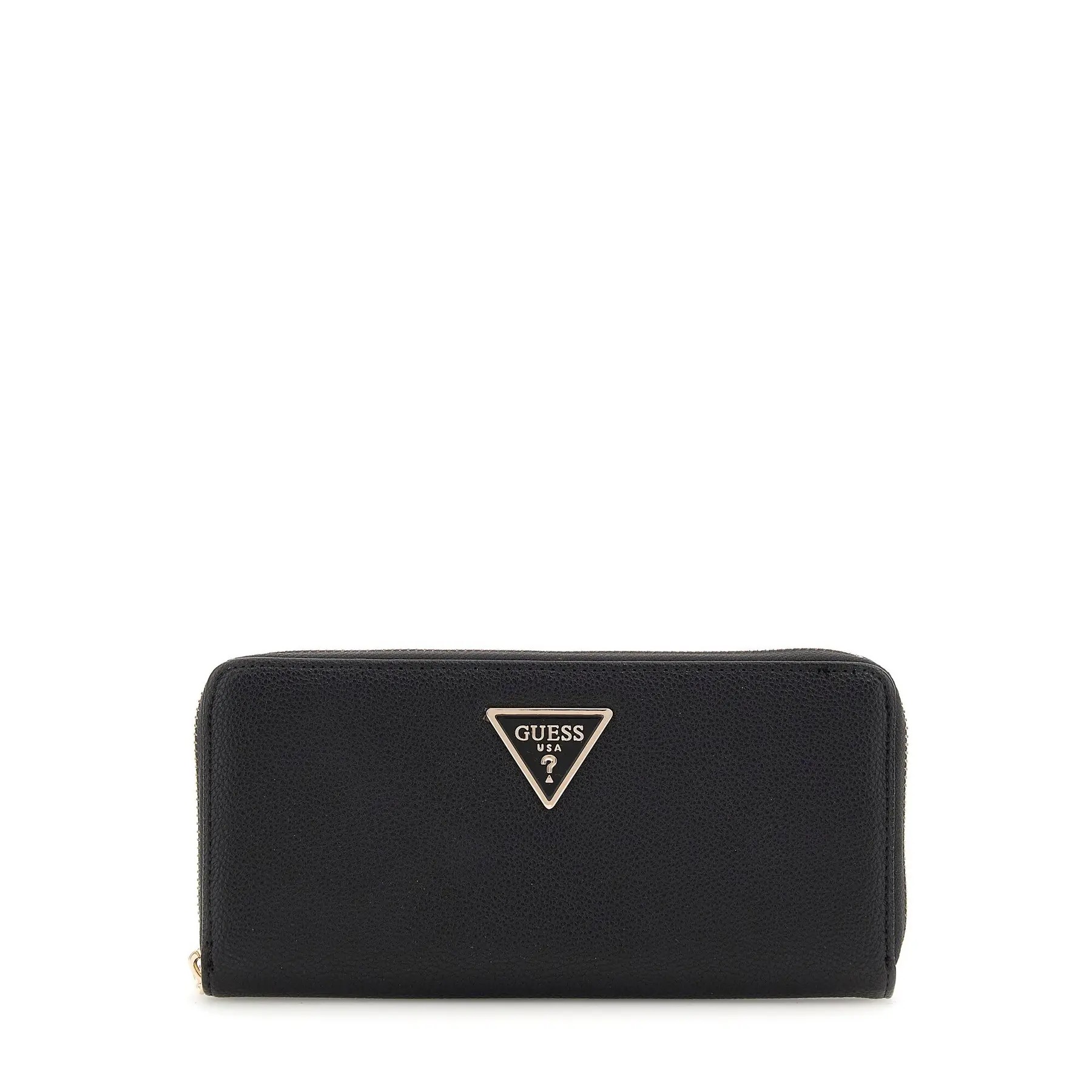 Large black zip wallet for women by Guess, featuring a textured finish and a prominent gold triangular logo on the front.