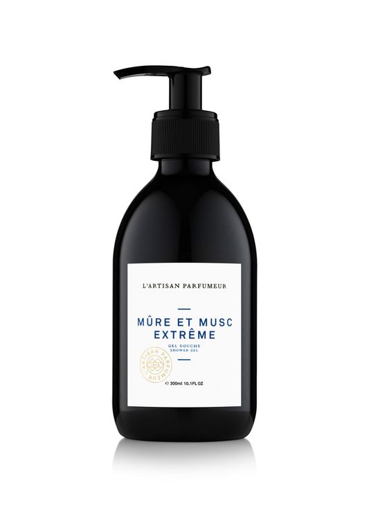 Black pump bottle of L'Artisan Parfumeur Mûre et Musc Extrême Hand & Body Wash, featuring a white label with blue text, 300ml size, elegant and minimalist design.