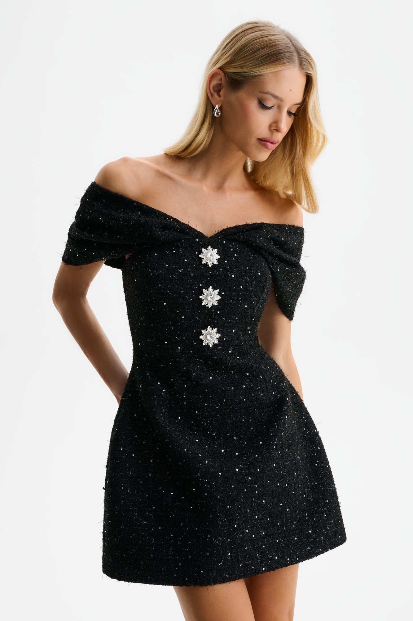 Lavish Alice ARIELLA Sequin Boucle Off Shoulder Mini Tulip Dress in Black XXL UK18 - image 5