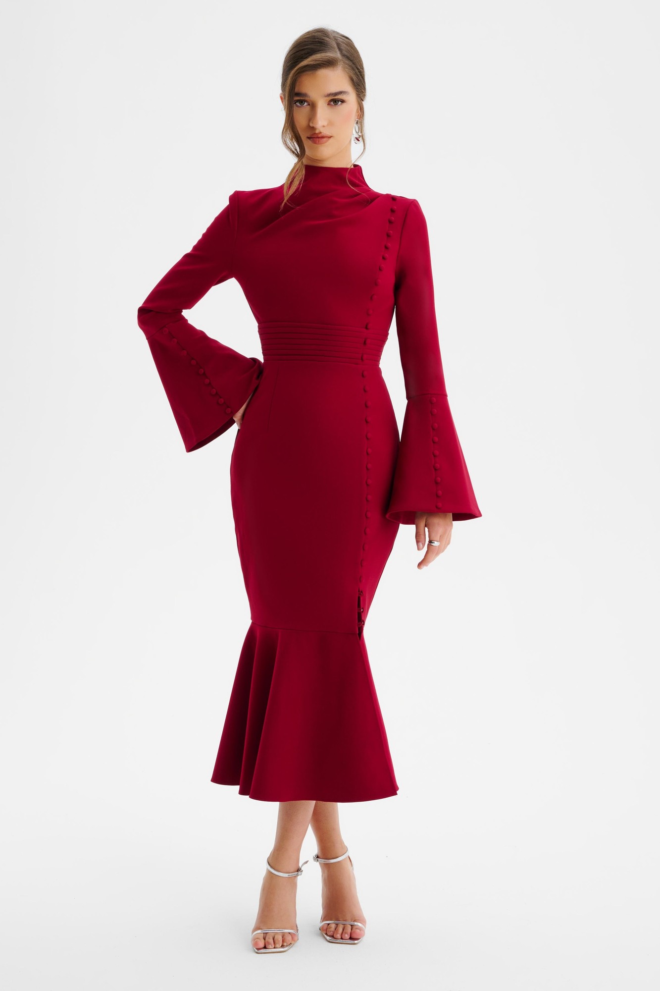 Lavish Alice AUBREY High Neck Fluted Sleeve Micro Button Midi Dress in Burgundy XXL UK18 - image 2