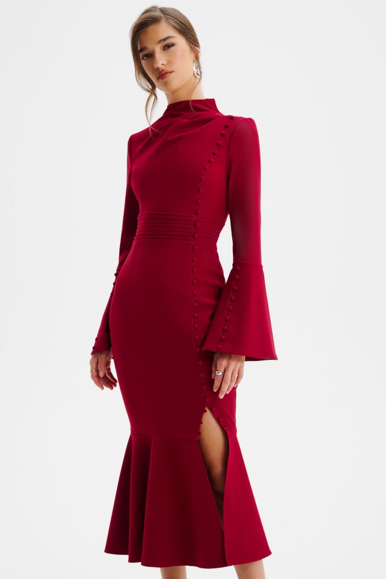 Lavish Alice AUBREY High Neck Fluted Sleeve Micro Button Midi Dress in Burgundy XXL UK18 - image 3