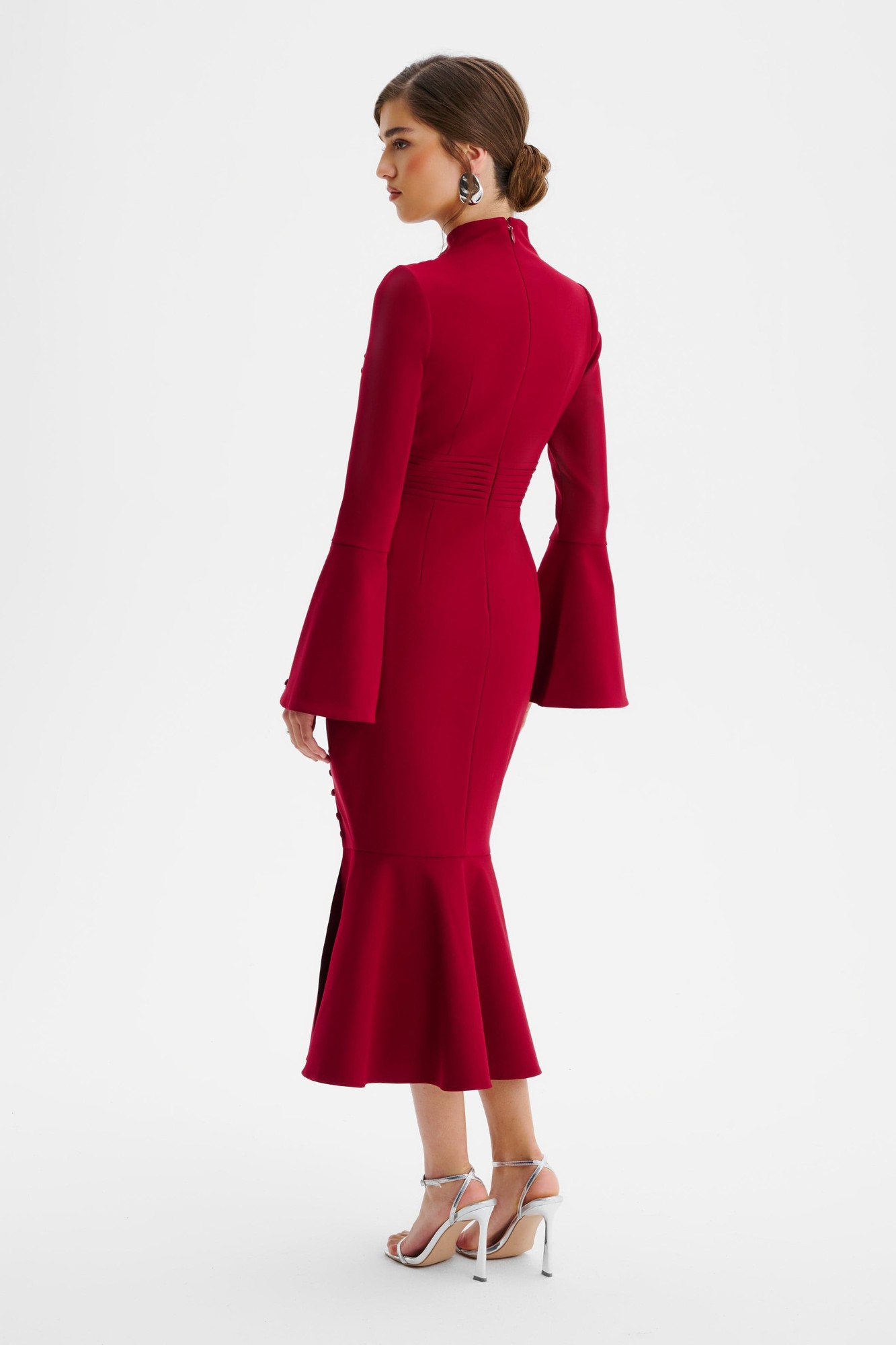 Lavish Alice AUBREY High Neck Fluted Sleeve Micro Button Midi Dress in Burgundy XXL UK18 - image 4