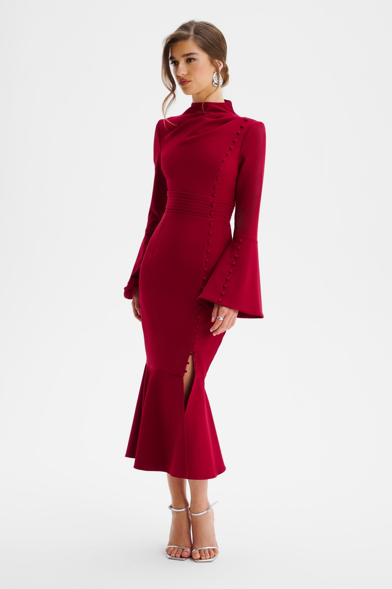 Burgundy high neck midi dress with fluted sleeves and micro button detailing, featuring a fitted silhouette and side slit, designed by Lavish Alice in size XXL UK18.