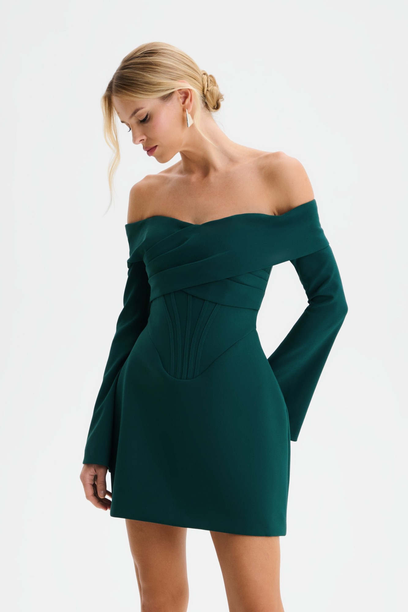 Lavish Alice BONNIE Off Shoulder Tulip Mini Dress with Corsetry Detail in Emerald Green XS UK6 - image 4