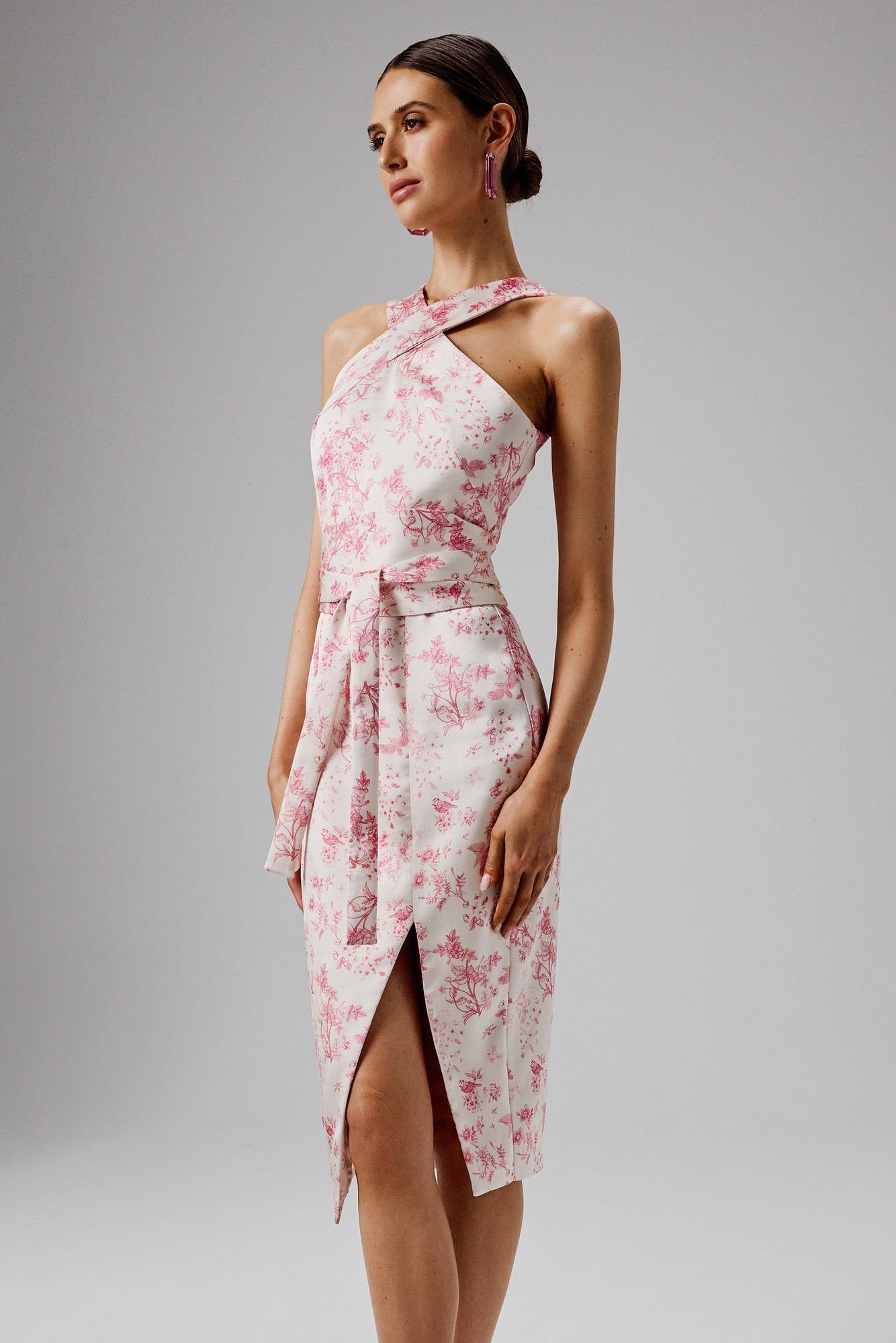 Lavish Alice BRIELLE Bonded Satin Obi Belted Halterneck Midi Dress in Pink Porcelain XS UK6 - image 2