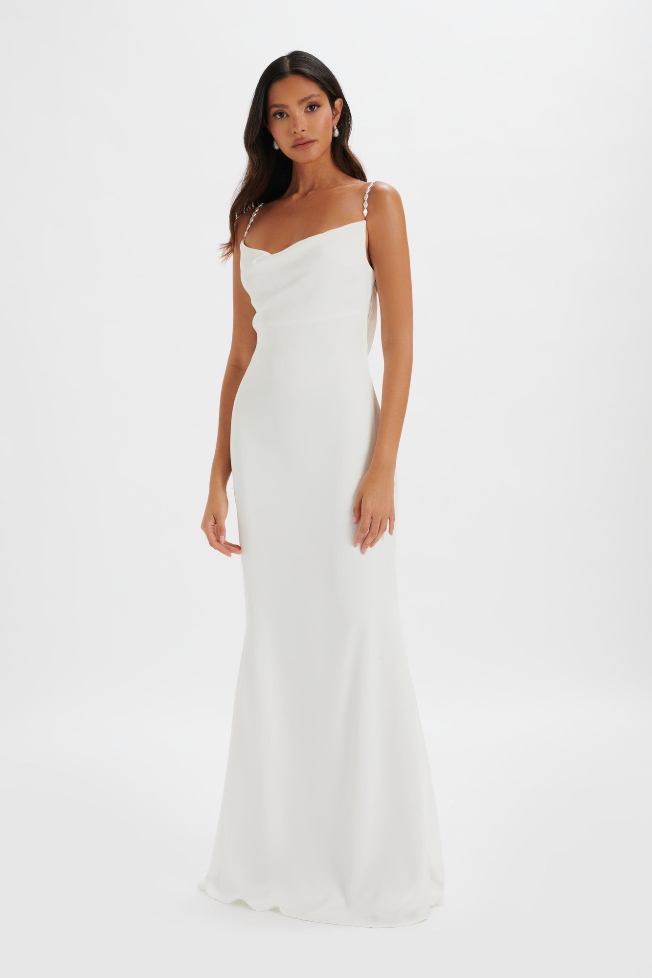 Lavish Alice DANI Cowl Neck Satin Maxi Dress with Pearl Straps in White XS UK6 - image 3
