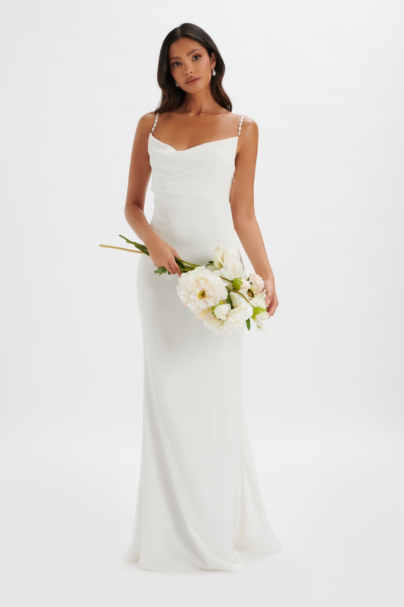Lavish Alice DANI Cowl Neck Satin Maxi Dress with Pearl Straps in White XS UK6 - image 4