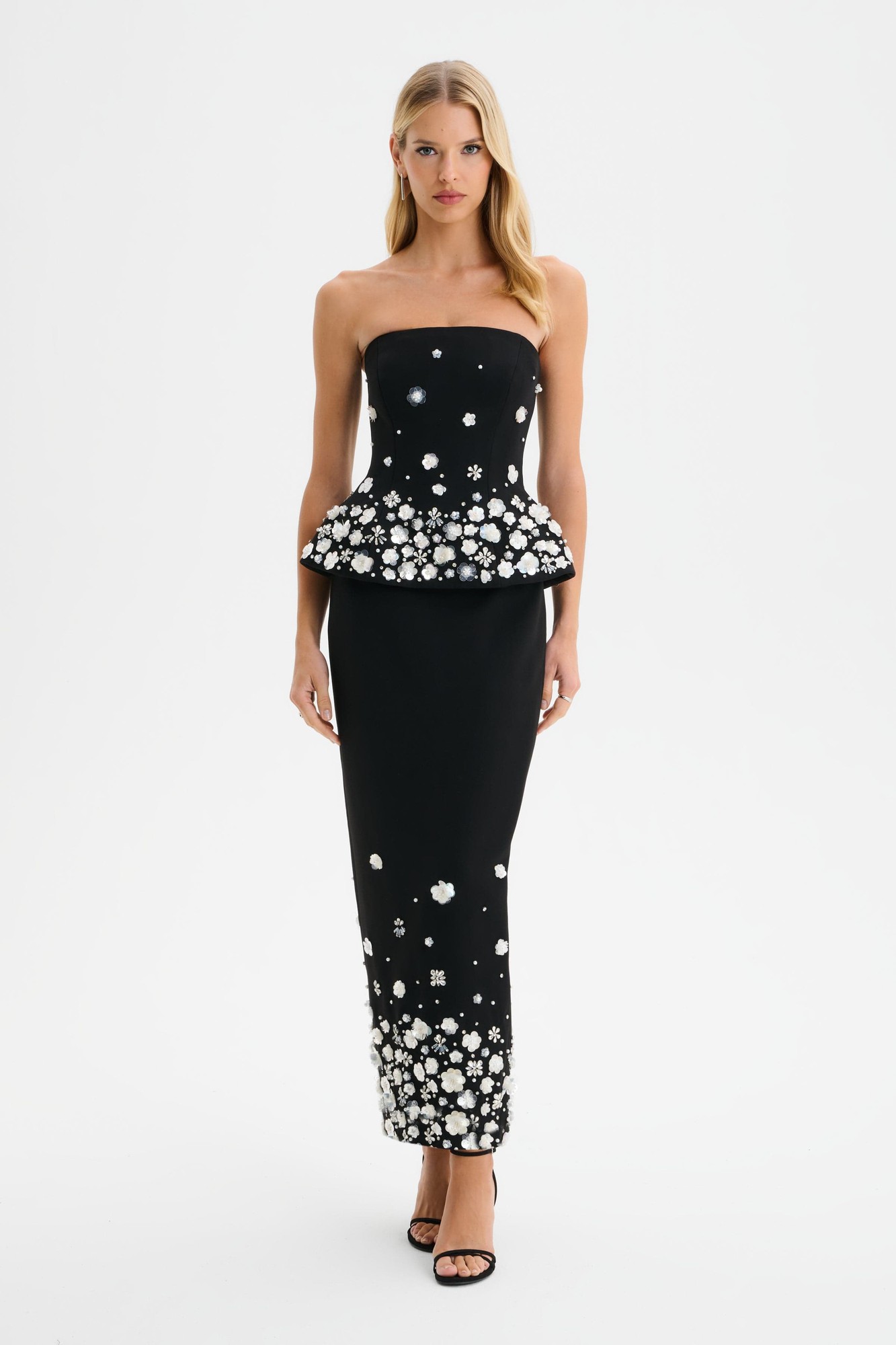 Black maxi skirt featuring ombre embellishments, adorned with floral designs and a fitted silhouette, designed by Lavish Alice in size XXL UK18.