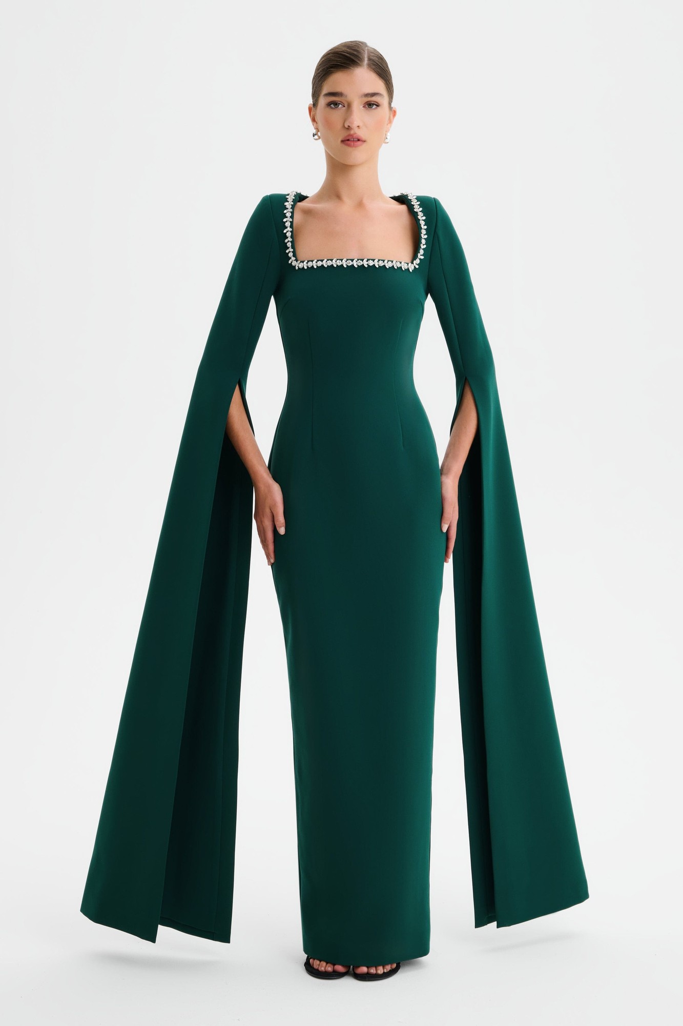 Emerald green maxi dress with a square neck, embellished neckline, and dramatic cape sleeves, designed by Lavish Alice, size XXL UK18.