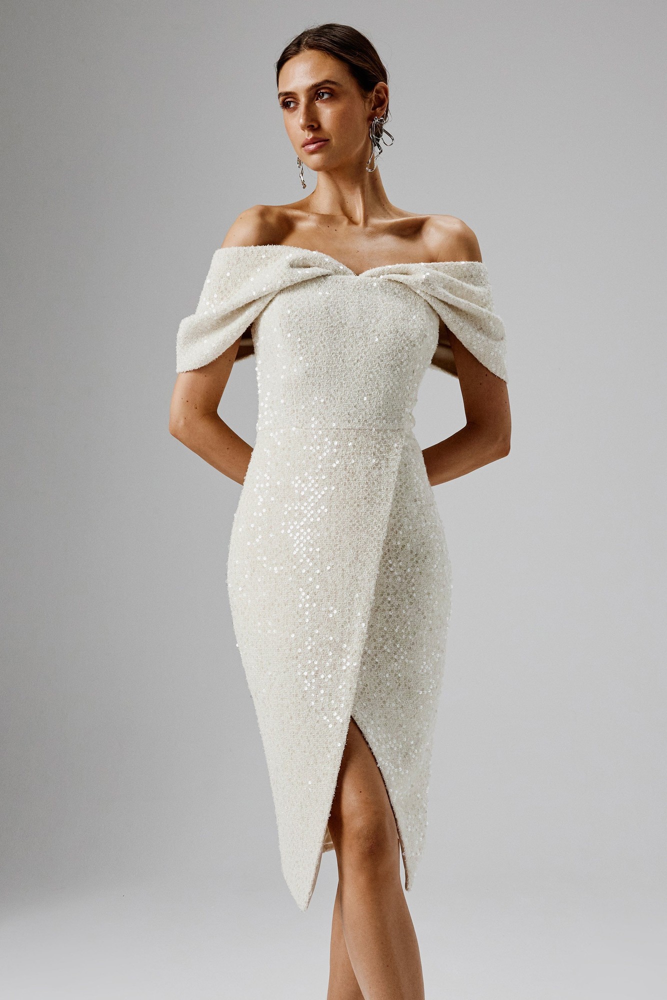 Lavish Alice HARLEEN Draped Bardot Sequin Boucle Midi Dress in Beige XL UK16 - image 2