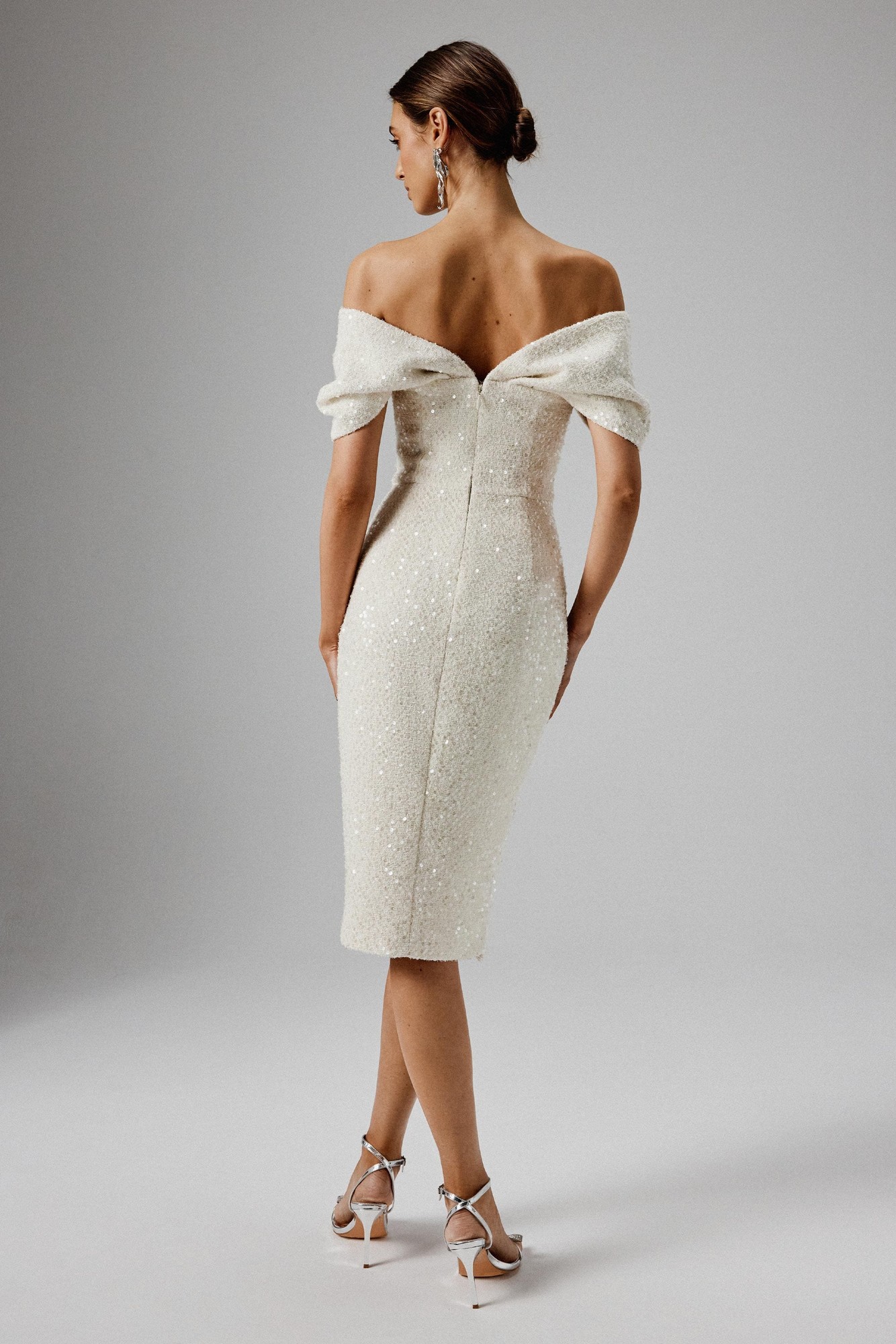 Lavish Alice HARLEEN Draped Bardot Sequin Boucle Midi Dress in Beige XL UK16 - image 4