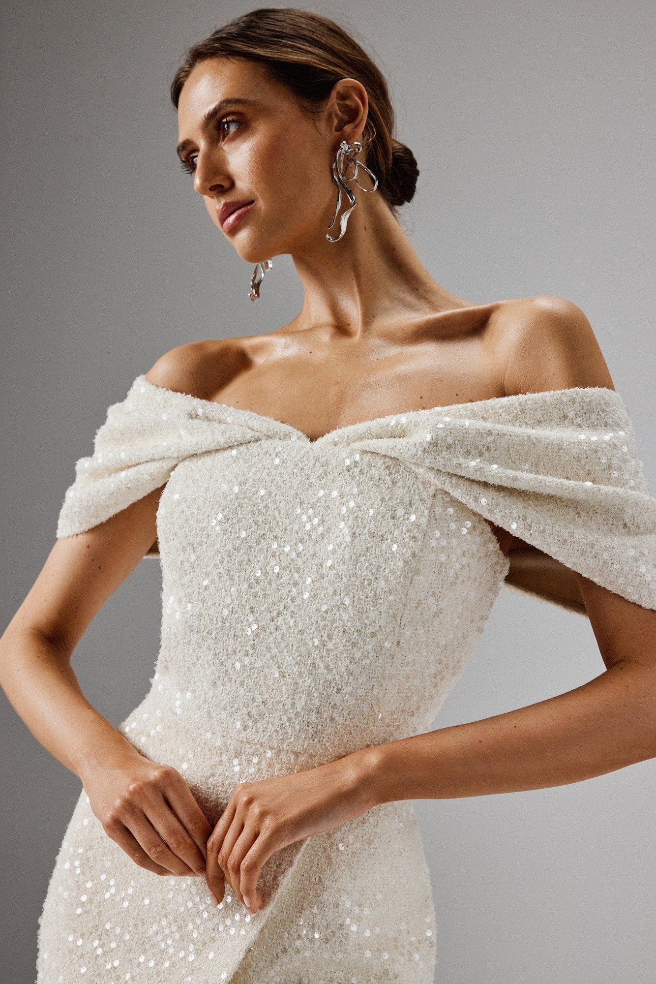 Lavish Alice HARLEEN Draped Bardot Sequin Boucle Midi Dress in Beige XXL UK18 - image 3