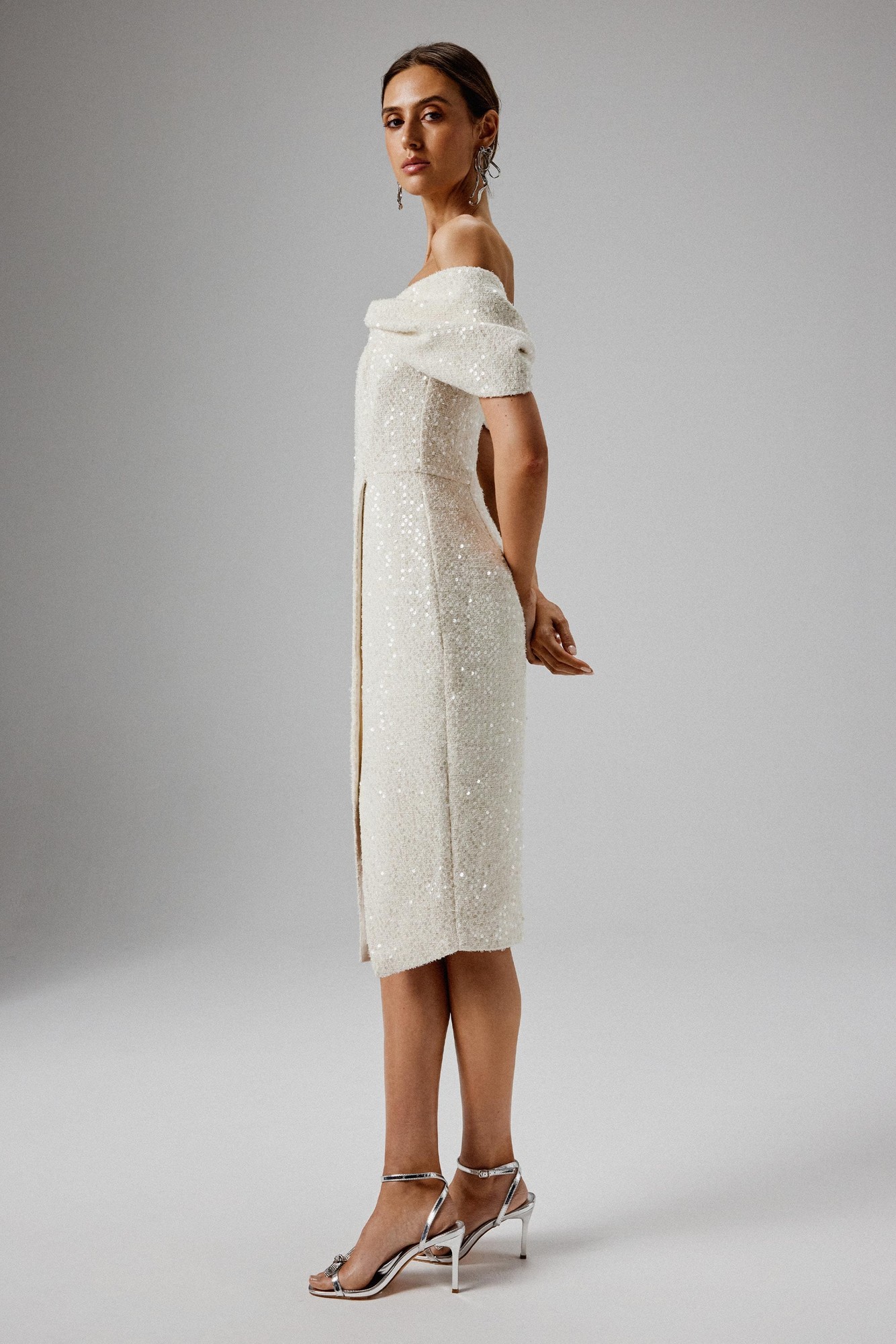 Lavish Alice HARLEEN Draped Bardot Sequin Boucle Midi Dress in Beige XXL UK18 - image 5