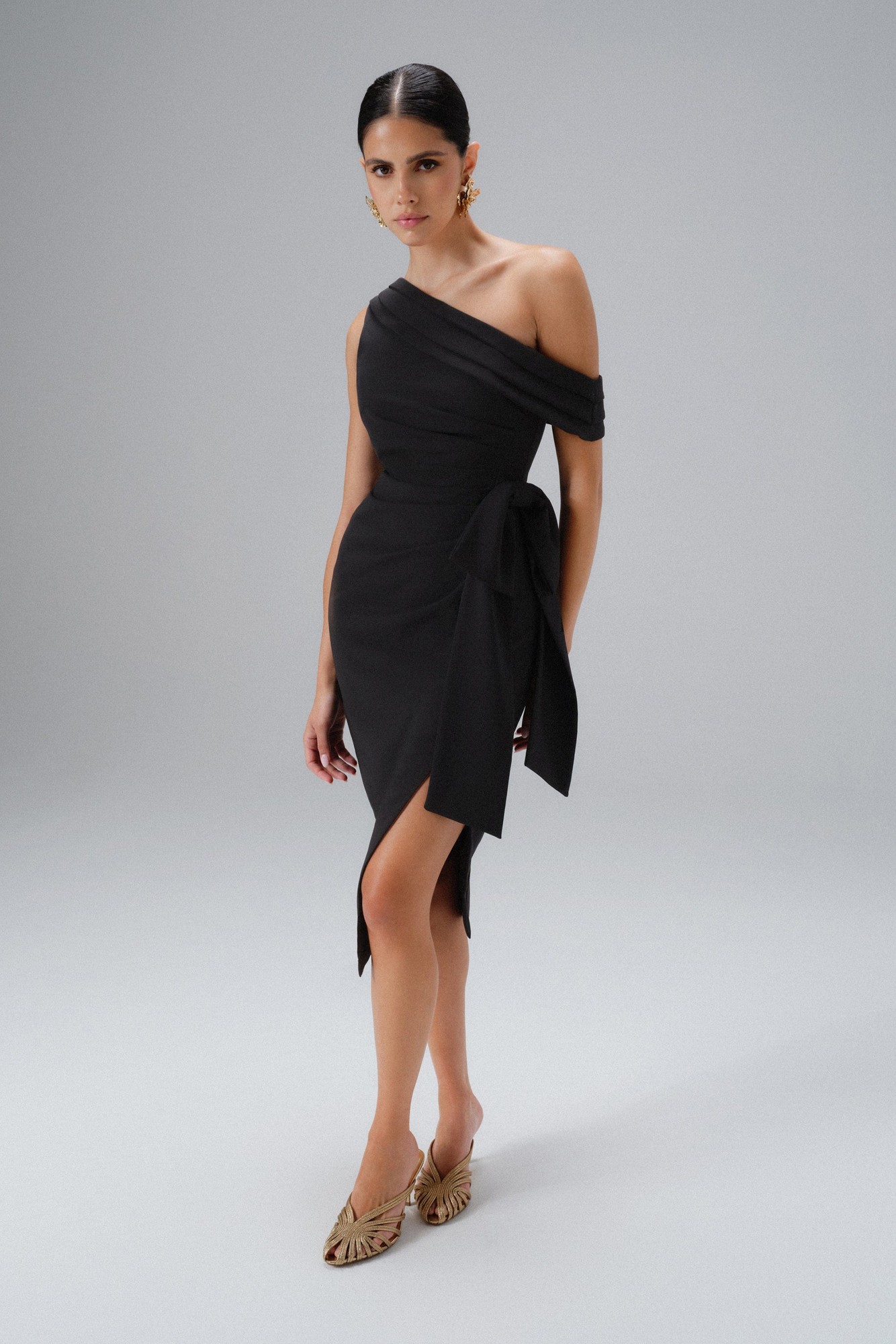 Lavish Alice HONEY One Shoulder Pleated Bow Midi Dress in Black XS UK6 - image 4