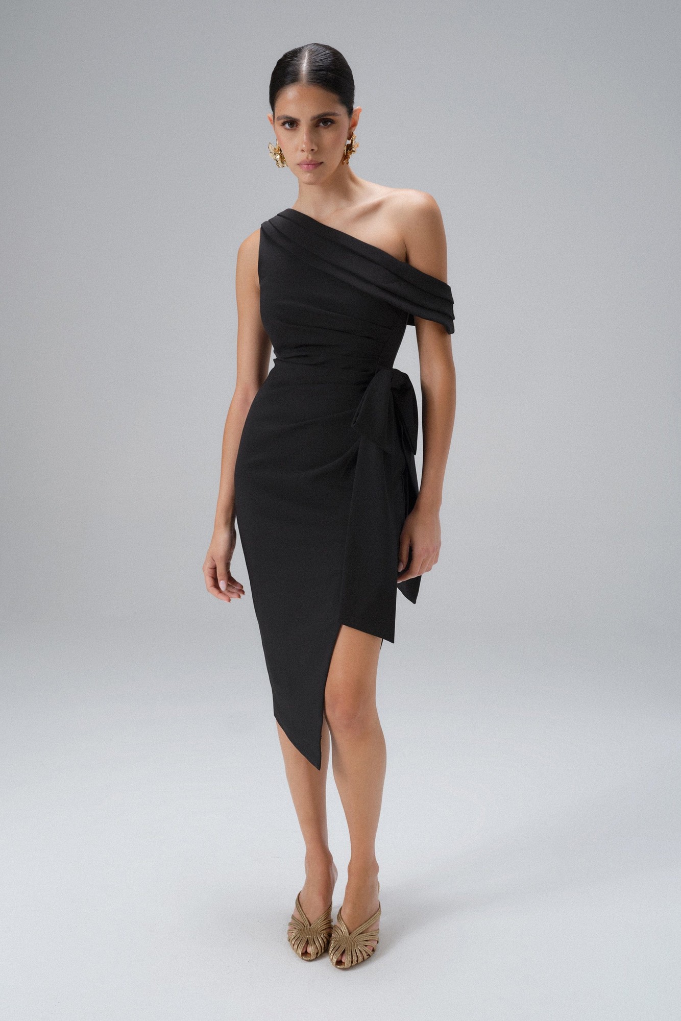 Lavish Alice Lavish Alice HONEY One Shoulder Pleated Bow MIDI Dress in Black XS UK6