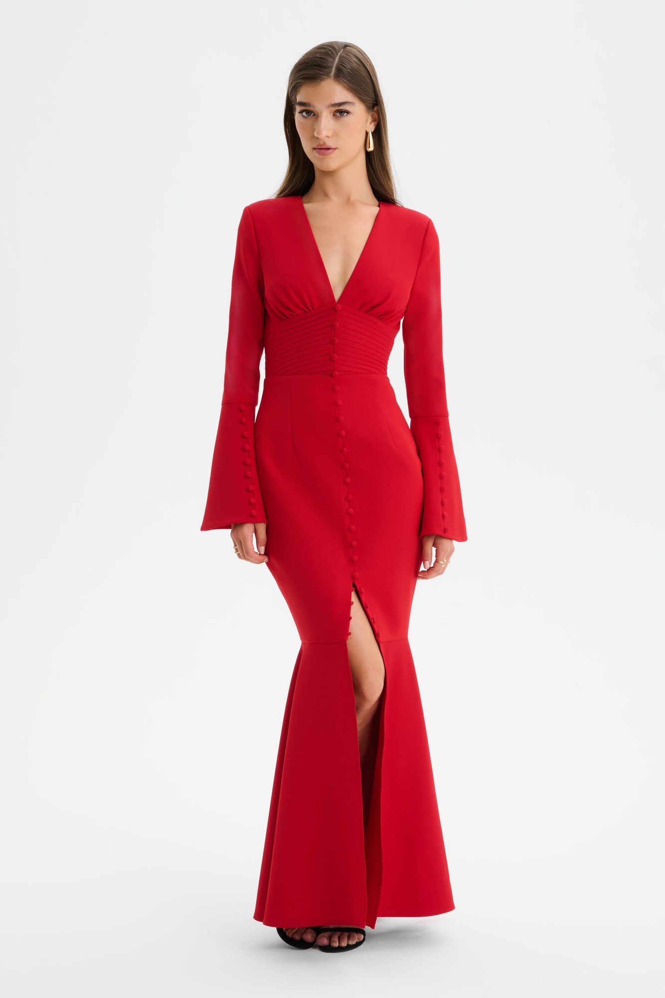 Red fishtail maxi dress with fluted sleeves, deep V-neck, ruched bodice, and a thigh-high slit, made from a smooth, fitted material, size XXL UK18.