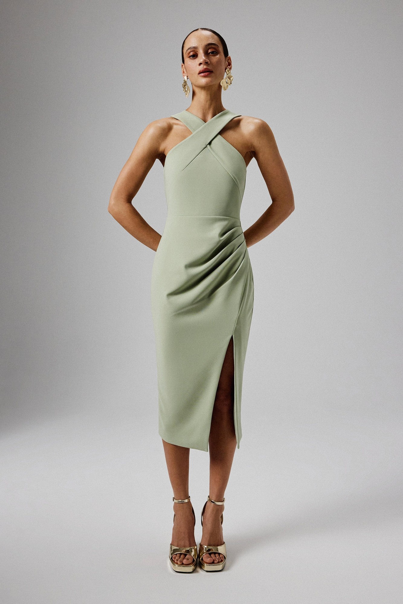 Lavish Alice Lavish Alice LENA Wrap Halterneck MIDI Dress in Sage Green XS UK6