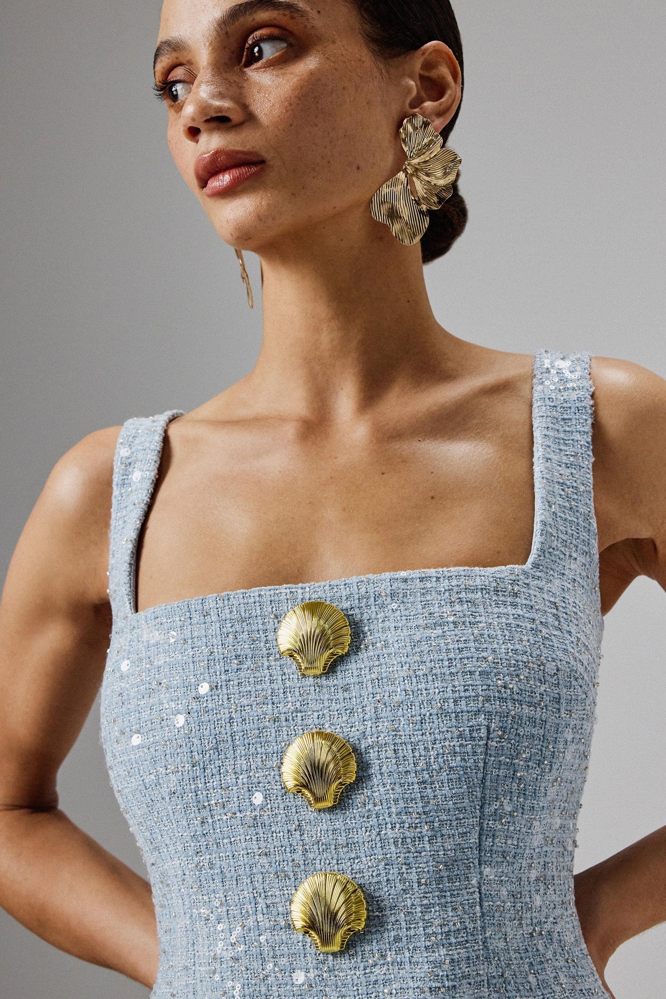 Lavish Alice MARIE Square Neck Boucle Midi Dress with Shell Embellishment in Blue XXL UK18 - image 2