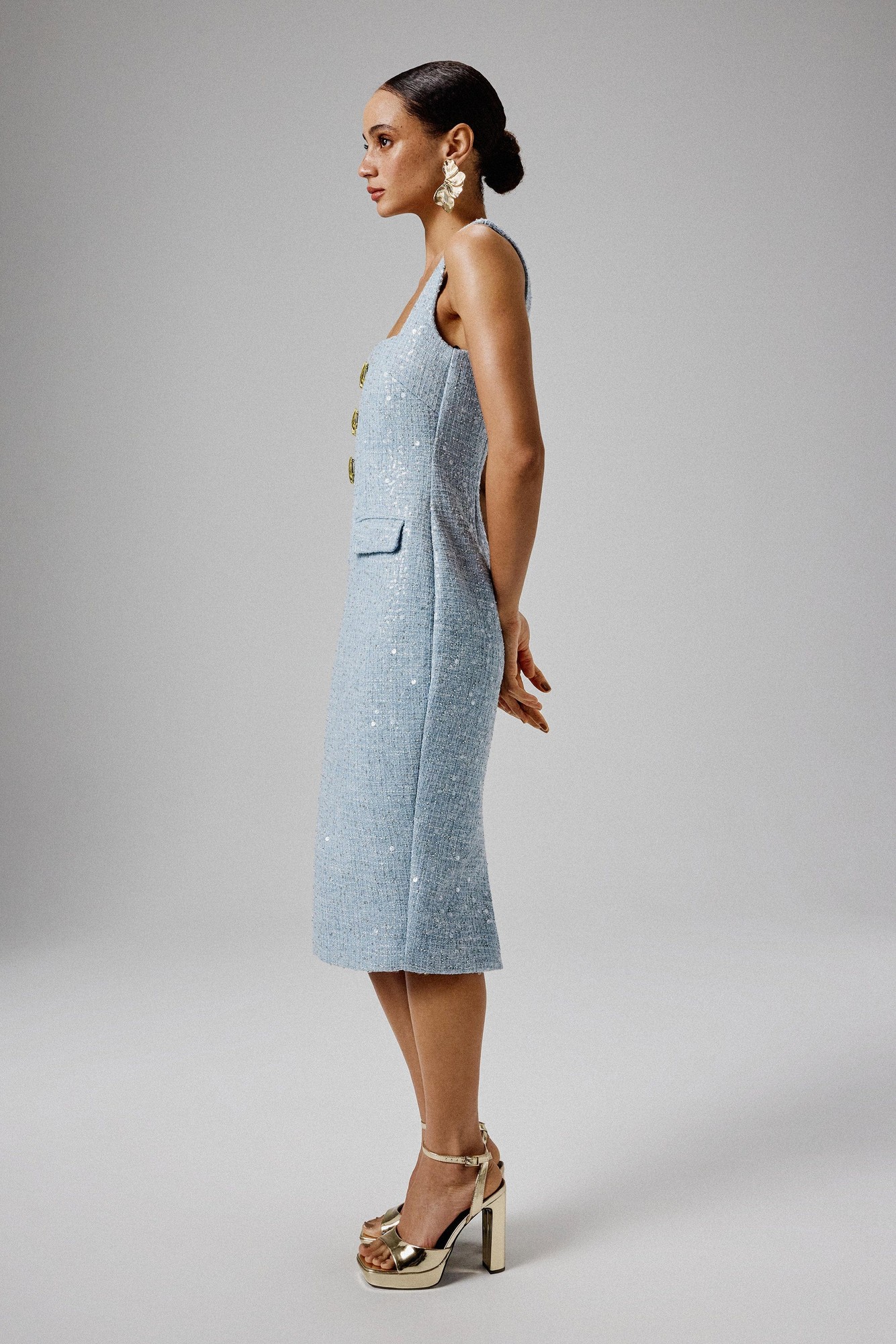 Lavish Alice MARIE Square Neck Boucle Midi Dress with Shell Embellishment in Blue XXL UK18 - image 3