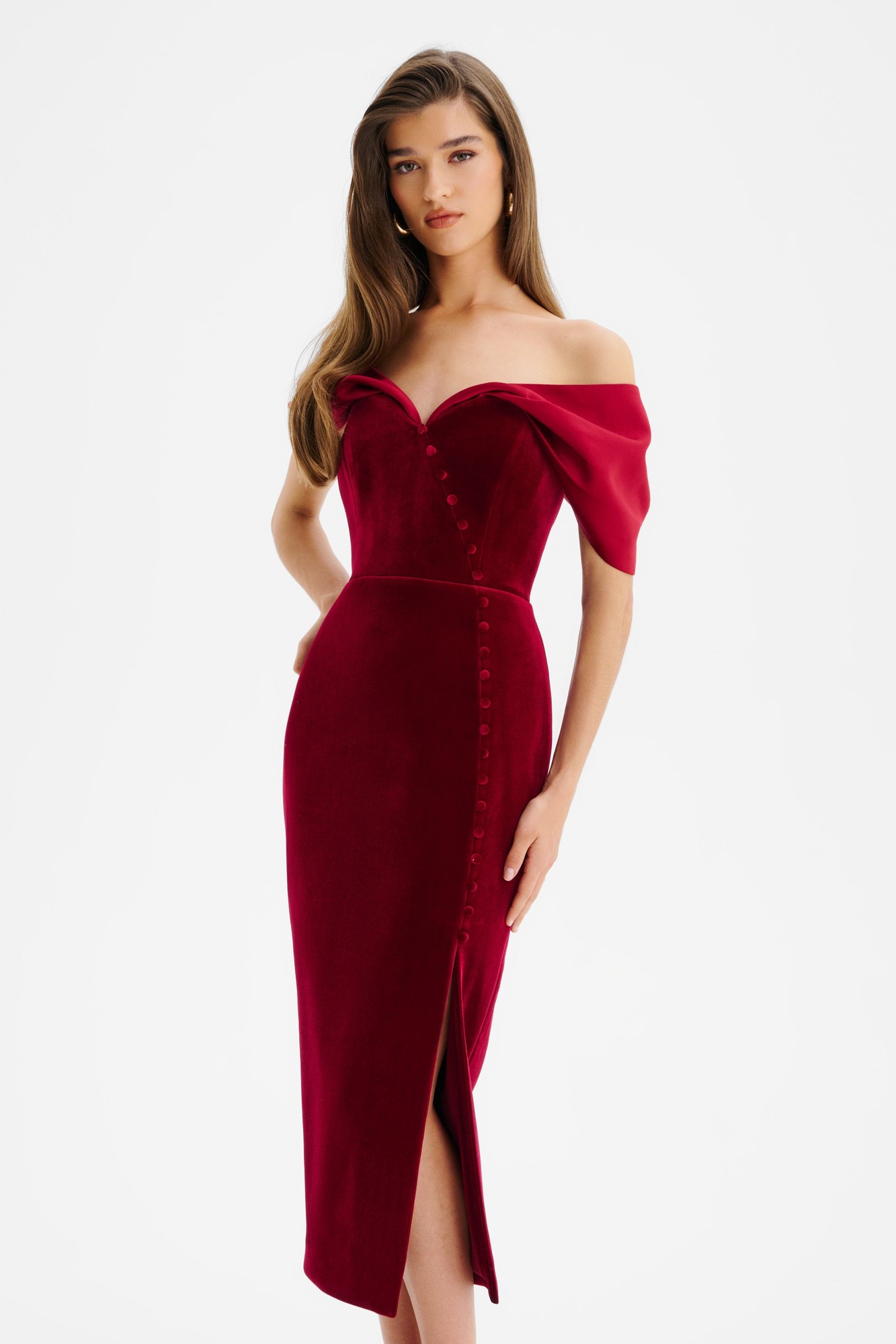 Lavish Alice NOELLE Velvet Satin Mix Bardot Midi Dress In Burgundy XXL UK18 - image 2