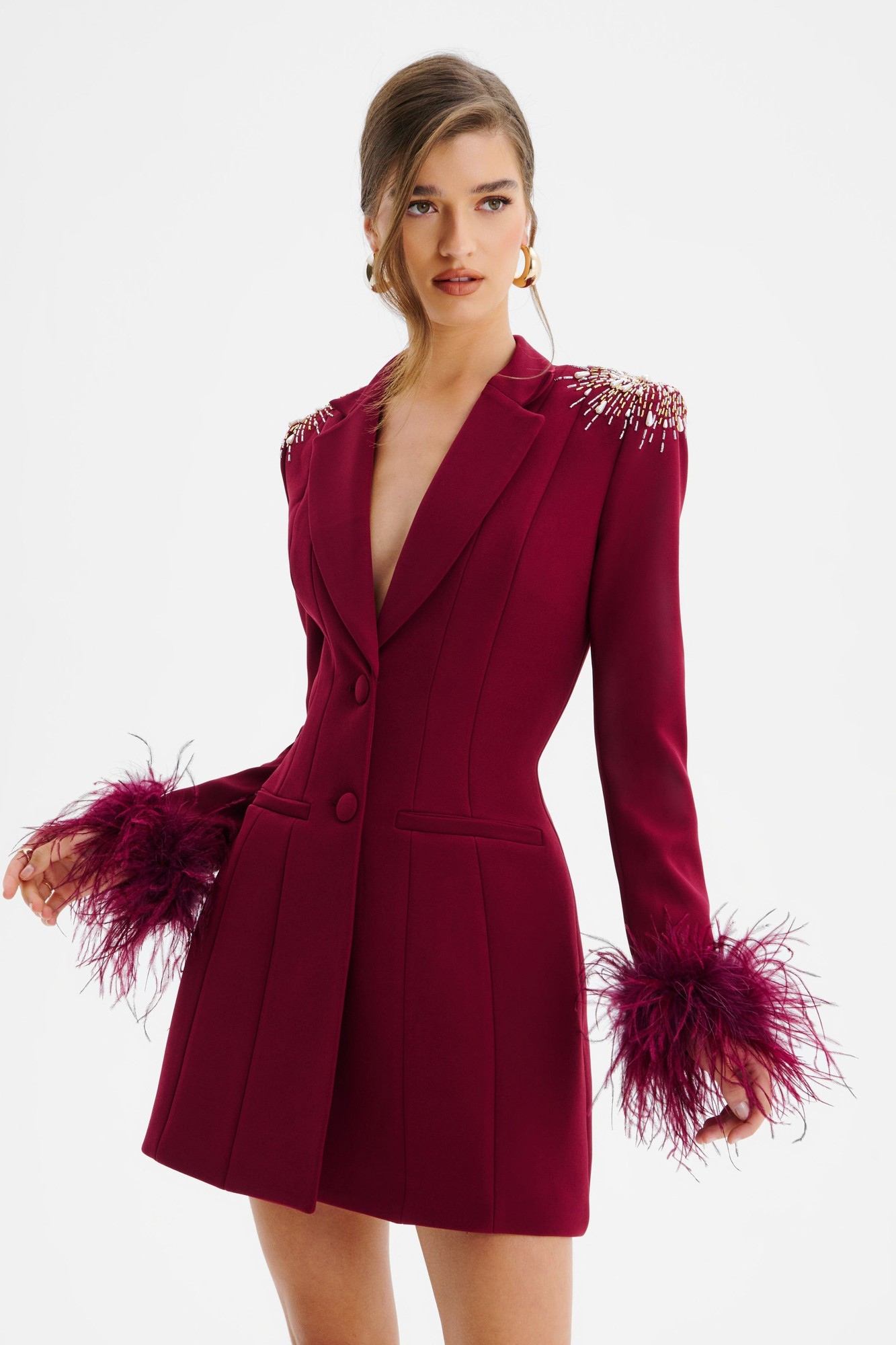 Lavish Alice SABRINA Star Hand Embellished Blazer Dress With Feather Cuffs In Burgundy XXL UK18 - image 2