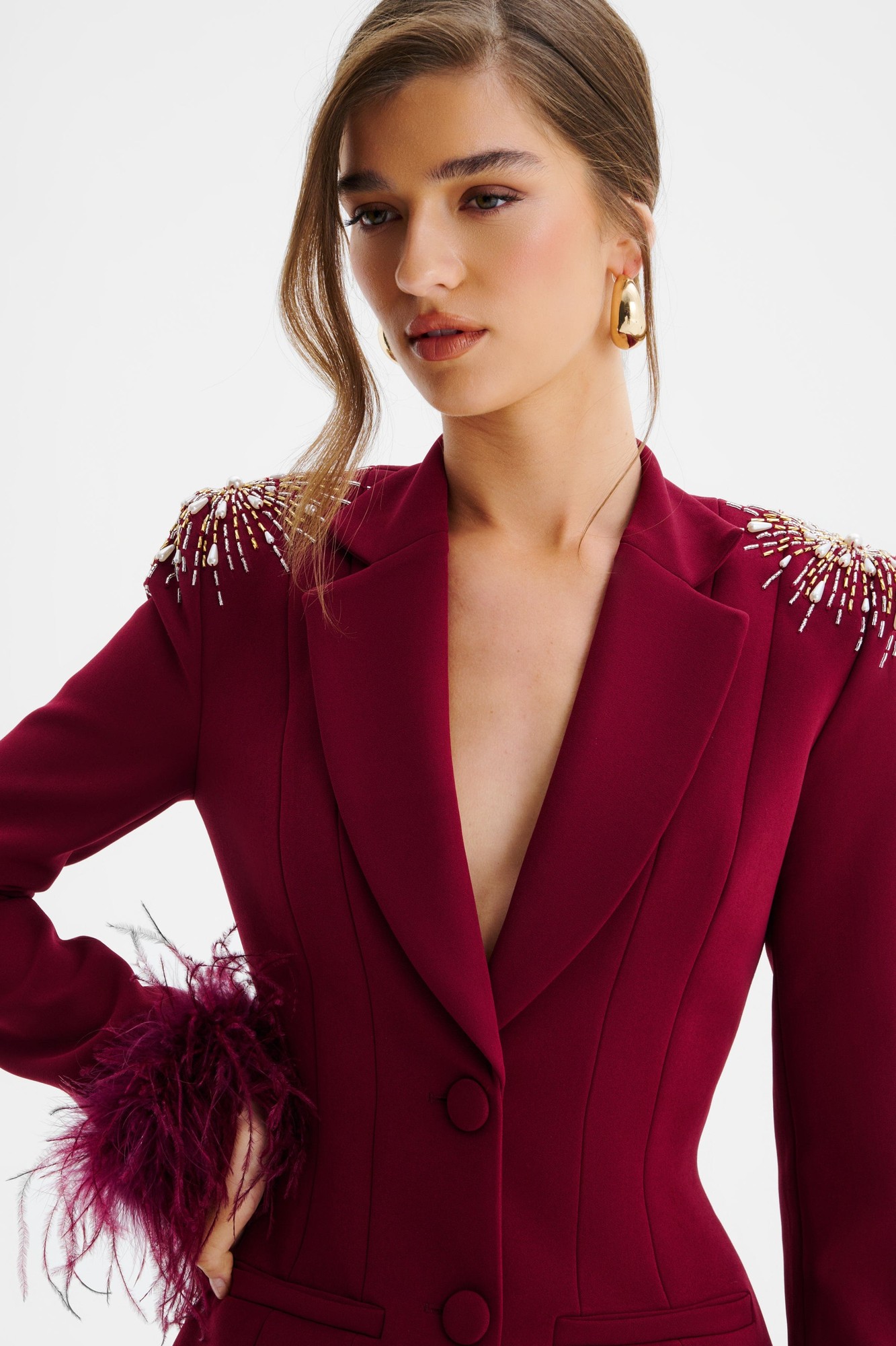 Lavish Alice SABRINA Star Hand Embellished Blazer Dress With Feather Cuffs In Burgundy XXL UK18 - image 4