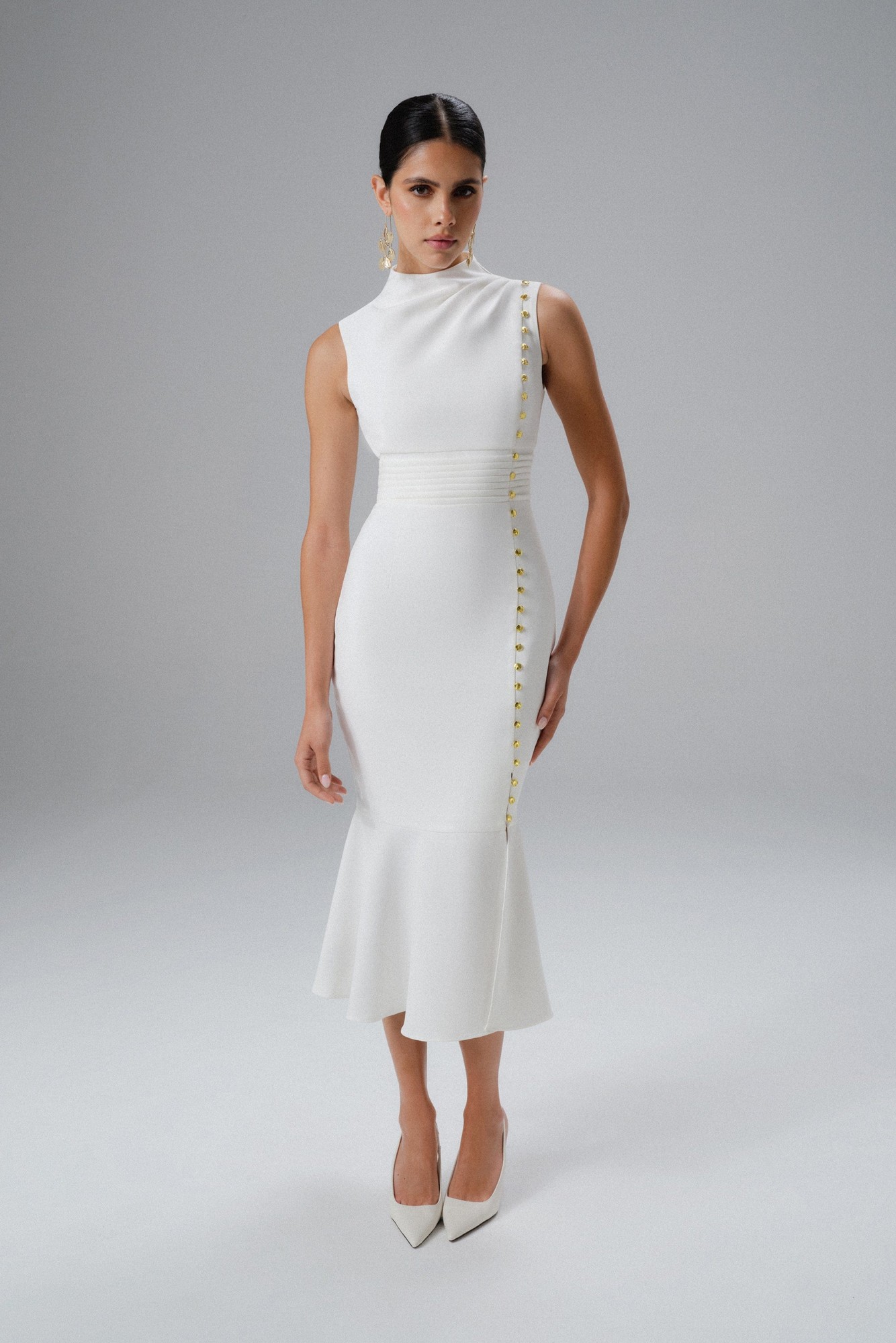 Lavish Alice SAFFRON High Neck Micro Shell Button Midi Dress in White XS UK6 - image 2