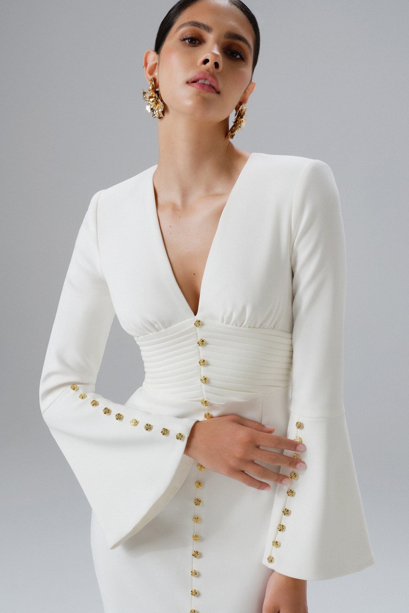 Lavish Alice SALMA Fluted Sleeve Micro Gold Button Midi Dress in White XS UK6 - image 2