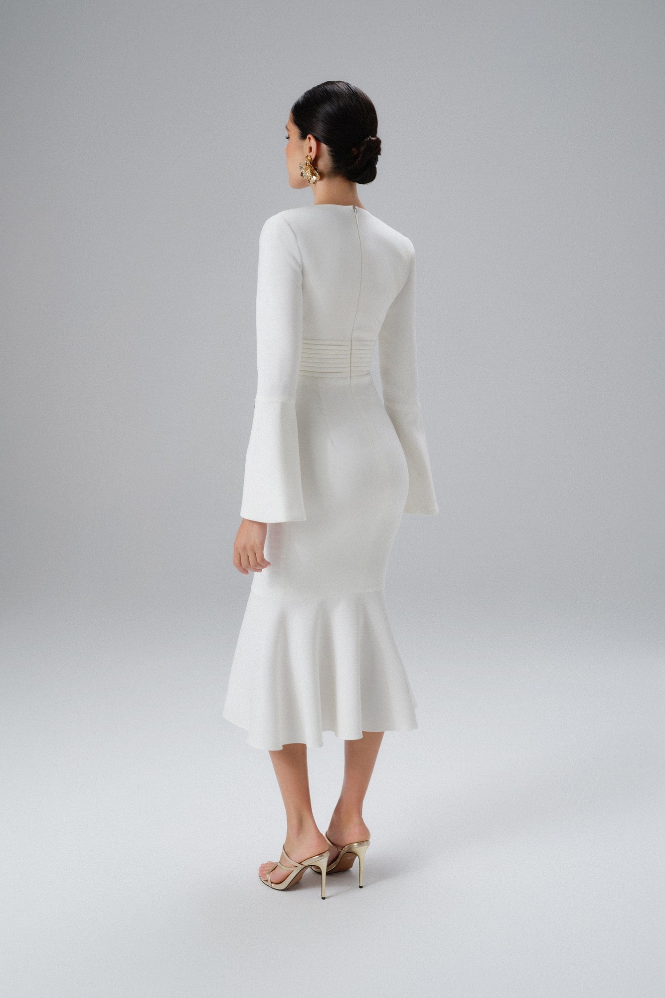 Lavish Alice SALMA Fluted Sleeve Micro Gold Button Midi Dress in White XS UK6 - image 3