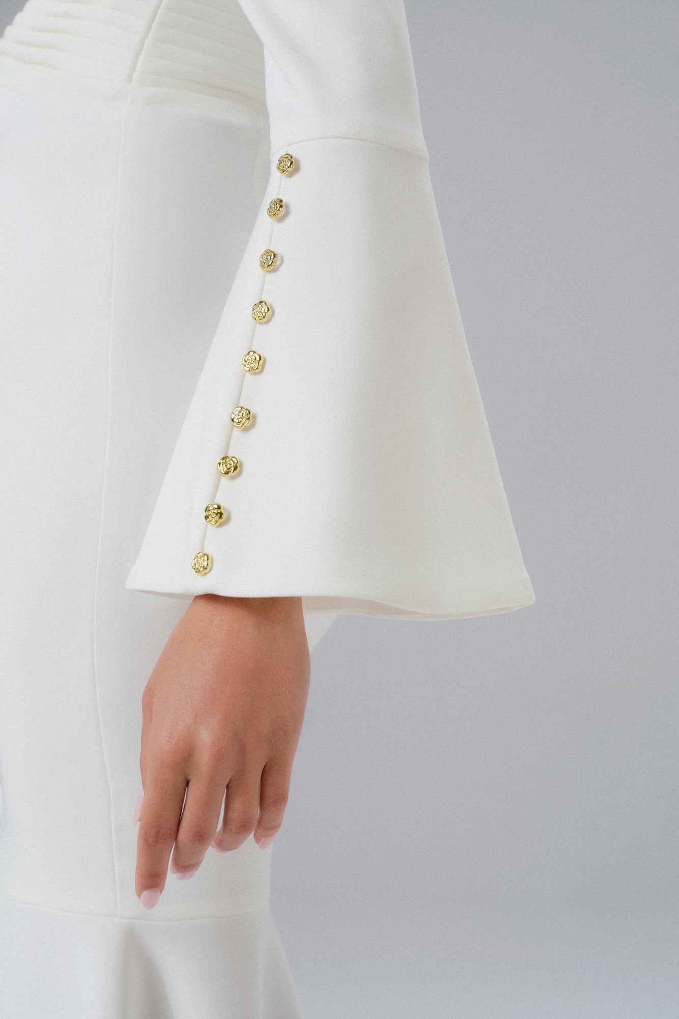 Lavish Alice SALMA Fluted Sleeve Micro Gold Button Midi Dress in White XS UK6 - image 4